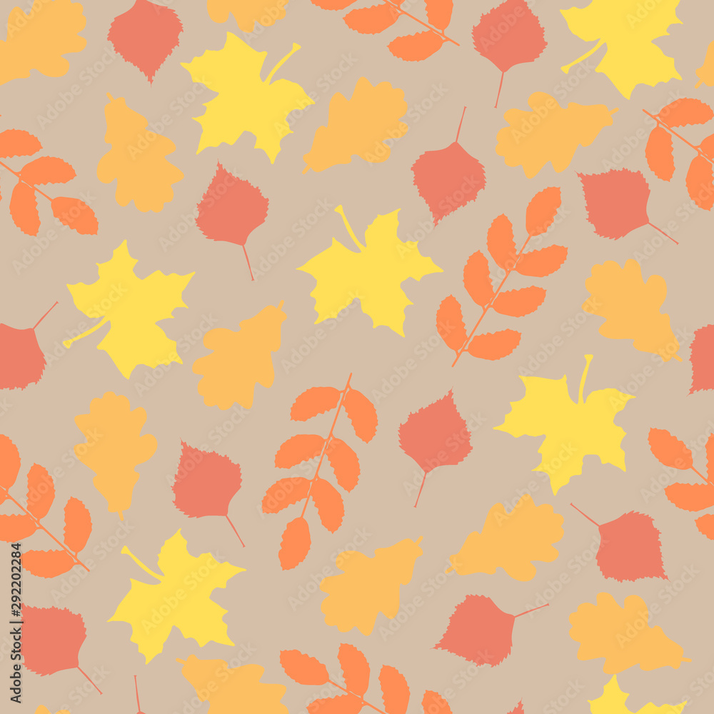 seamless pattern . maple leaves, birch leaves, oak leaves and rowan leaves on a pale purple background