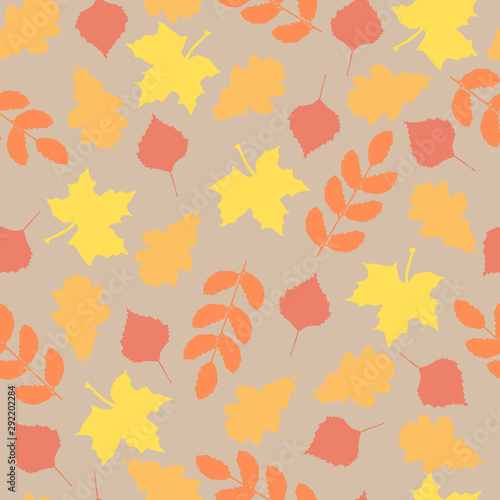 seamless pattern . maple leaves  birch leaves  oak leaves and rowan leaves on a pale purple background