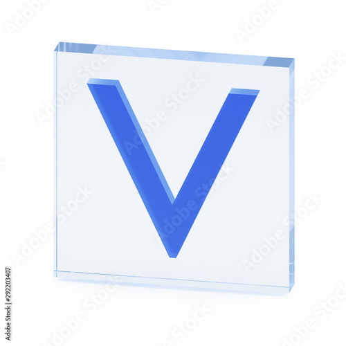 Clear transparent glass or plexiglass display with color capital letter V inside on white background, 3D rendered image