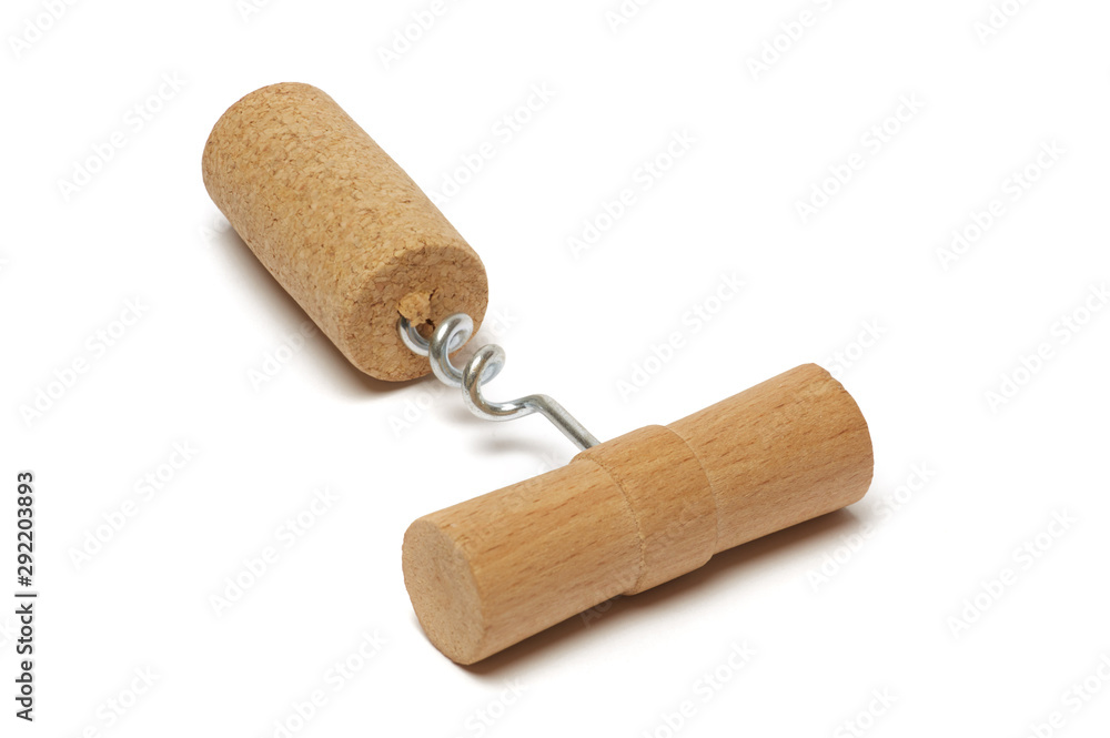 Corkscrew with cork on it isolated on white background. Corkscrew with cork on it isolated on white background.