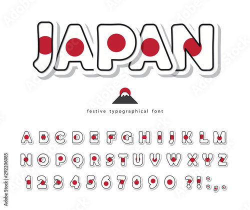 Japan cartoon font. Japanese national flag colors. Paper cutout ABC letters and numbers. Bright alphabet for tourism design. Vector