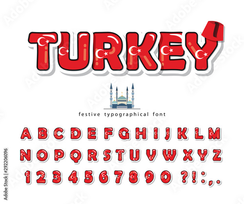 Turkey cartoon font with decorative elements. Turkish national flag colors. Paper cutout glossy ABC letters and numbers. Bright alphabet for tourism design. Vector