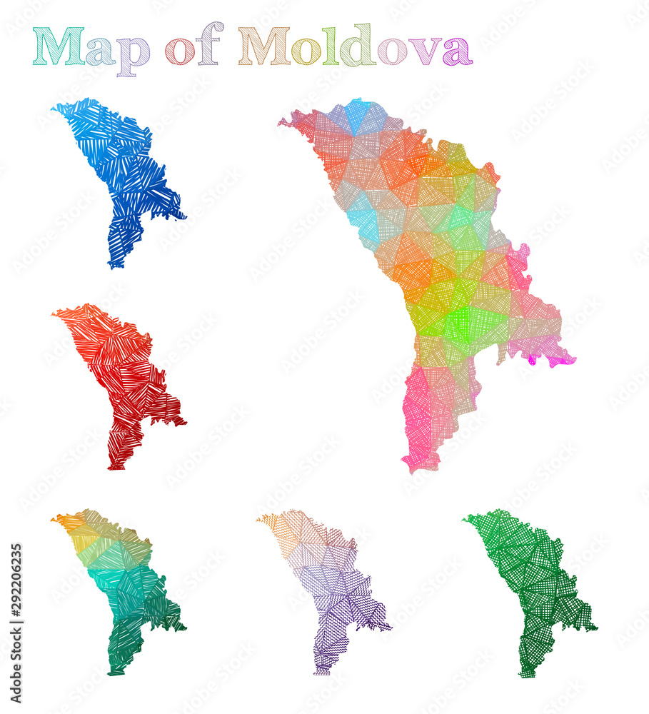 Hand-drawn map of Moldova. Colorful country shape. Sketchy Moldova maps collection. Vector illustration. Hand-drawn map of Moldova. Colorful country shape. Sketchy Moldova maps collection. Vector illustration.