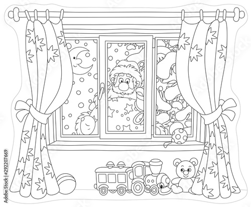 Santa Claus holding his gift bag and looking through a window with curtains into a nursery on the snowy night before Christmas, black and white vector illustration