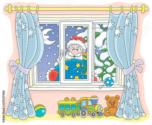 Santa Claus holding his gift bag and looking through a window with curtains into a nursery on the snowy night before Christmas, vector illustration in a cartoon style