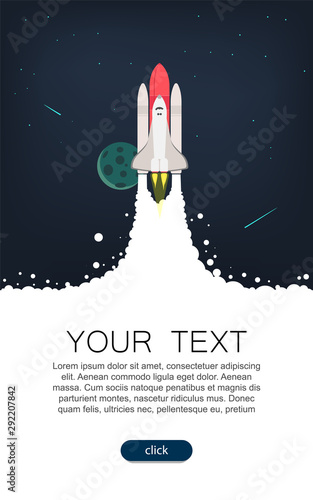 Vector illustration of space interstellar travels, universe and distant galaxies. spacecraft, rocket or shuttle for space travel or mission. Clerks working together on startup comp
