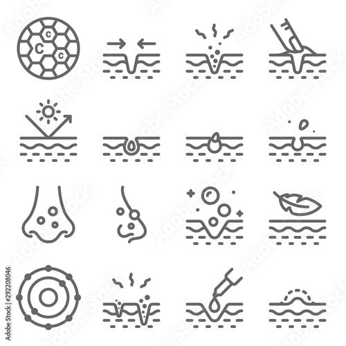 Skin Acne Vector Line Icon Set. Contains such Icons as Skin Care  Relax  Dermatology  Sun block  Treatment  Pimple and more. Expanded Stroke