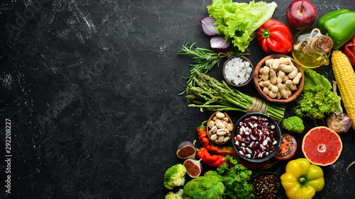 Organic food. Fresh vegetables and fruits. Top view. Free copy space. © Yaruniv-Studio