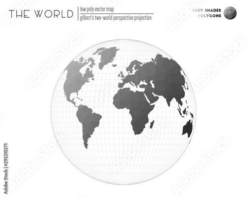 Vector map of the world. Gilbert s two-world perspective projection of the world. Grey Shades colored polygons. Beautiful vector illustration.