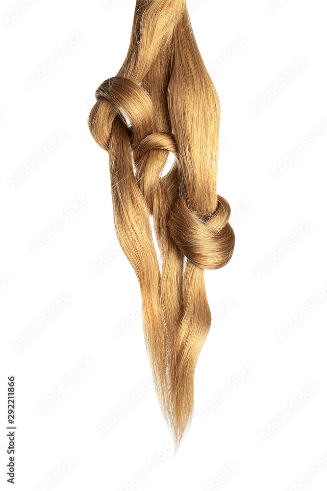 Three knots of brown hair isolated on white background. Long ponytail Three knots of brown hair isolated on white background. Long ponytail
