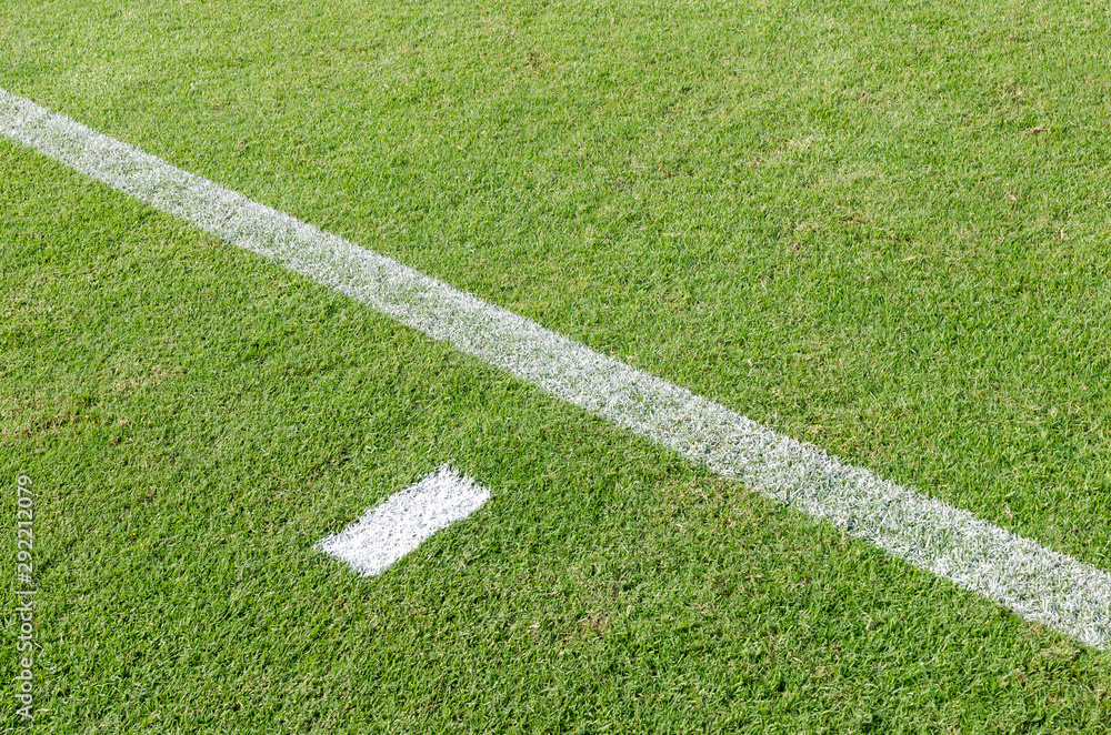 The white Line marking on the artificial green grass soccer field.