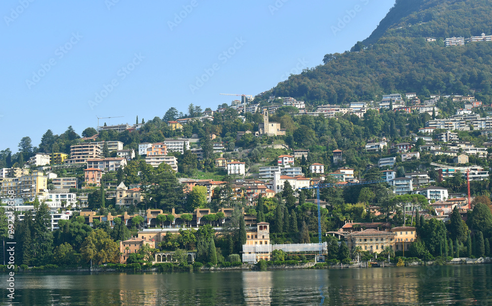 Fototapeta premium Panoramic view of the lake and the city of Lugano, Switzerland, Europe.