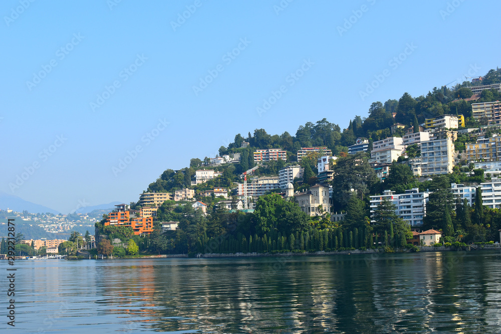 Panoramic view of the lake and the city of Lugano, Switzerland, Europe.