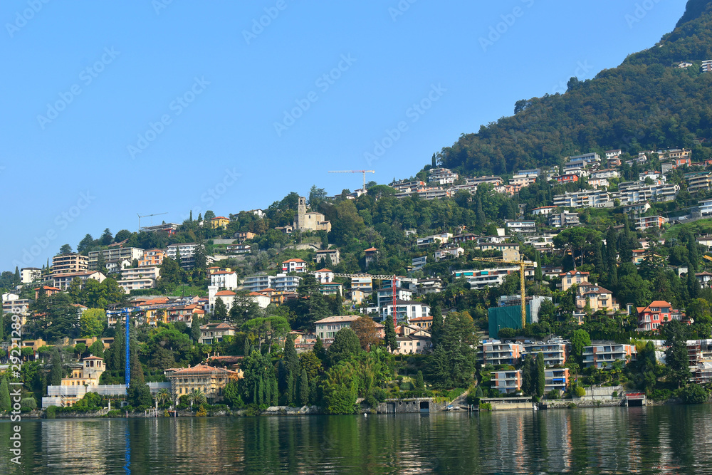 Panoramic view of the lake and the city of Lugano, Switzerland, Europe.