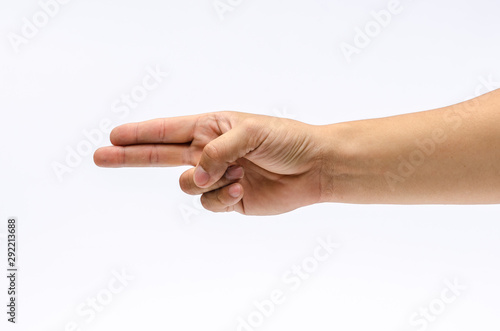 Close up of hand with show two fingersup in the peace or victory symbol. The sign for the letter U in sign language. Isolated on white background. place for text or sign. Positive concept. photo