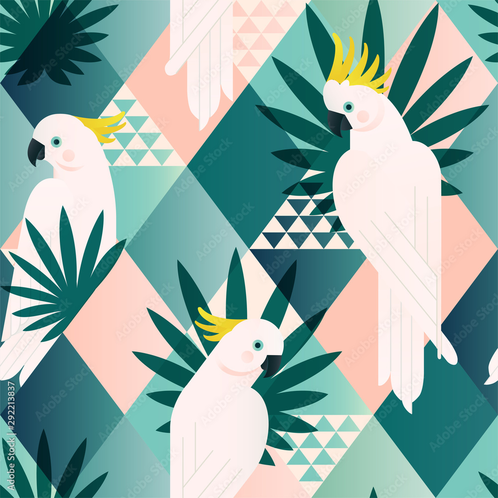 Fototapeta Exotic beach trendy seamless pattern, patchwork illustrated floral vector tropical leaves. Jungle cockatoo. Wallpaper print background mosaic.