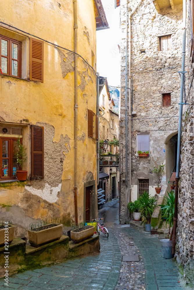 Obraz premium Saorge, beautiful french village on the mountain, typical narrow street with colorful houses 