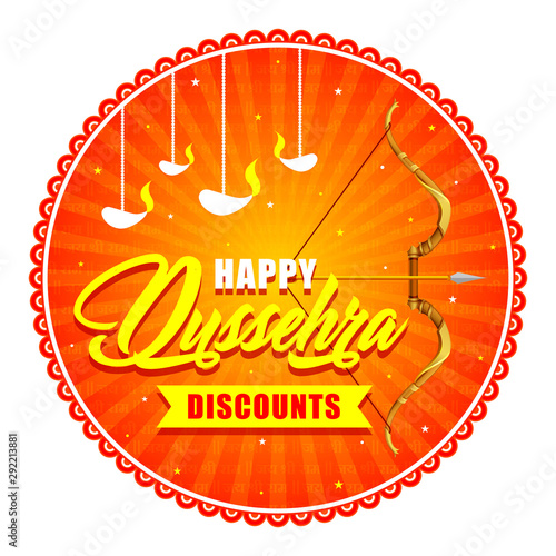 Happy Dussehra Discounts Logo, Icon, Design, Sticker, Concept, Greeting Card Template, Poster, Unit, Label, Web, Mnemonic on orange festive background