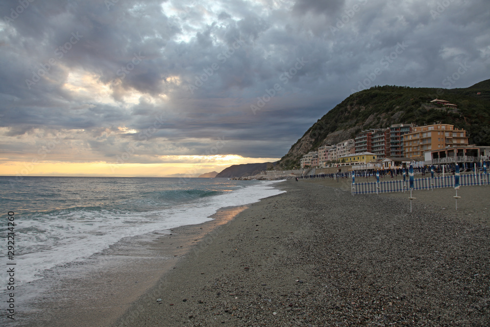 Italy. Moneglia city. Coast view and beach