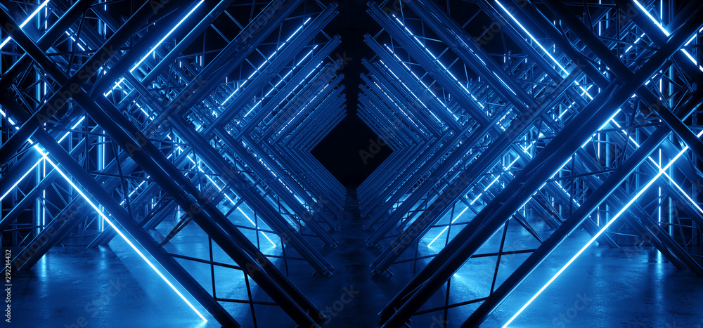 Neon Glowing Blue Vibrant Sci Fi Futuristic Stage Podium Construction Metal Triangle Concrete Grunge Reflective Dark Night Virtual Show Background Laser Tunnel Corridor 3D Rendering
