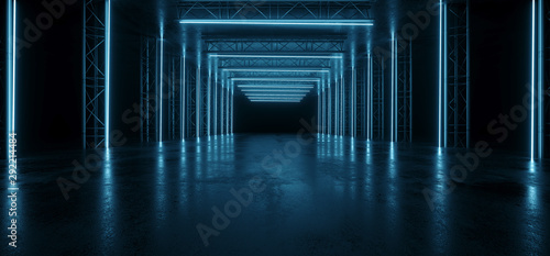Fototapeta Naklejka Na Ścianę i Meble -  Neon Glowing Blue Vibrant Sci Fi Futuristic Stage Podium Construction Metal Triangle Concrete Grunge Reflective Dark Night Virtual Show Background Laser Tunnel Corridor 3D Rendering
