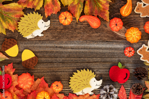 Bright Colorful Autumn Decoration With Copy Space. Flat Lay With Wooden Background