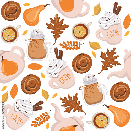 Autumn seamless pattern background with yellow leaves, coffee cup, tea. Vector illustration EPS 10