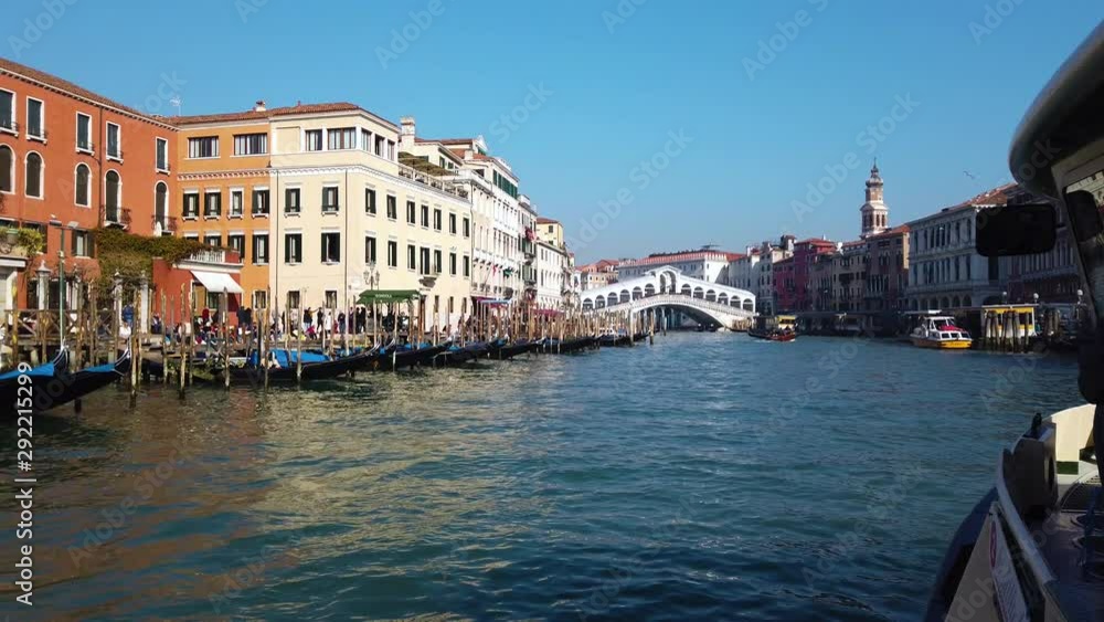 Venice city. Panoramic view on Venetian buildings from sightseeing boat on sunny morning. 