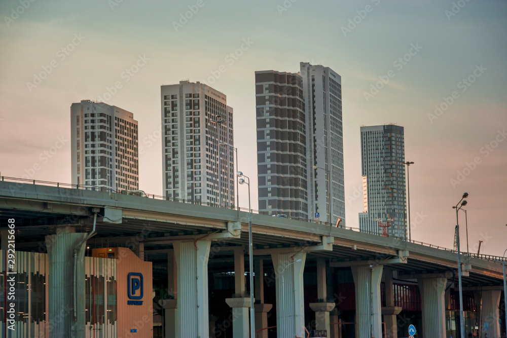 Moscow, Russia - September 12, 2019: residential buildings on the background of the railway bridge. Evening Moscow Moscow, Russia - September 12, 2019: residential buildings on the background of the railway bridge. Evening Moscow