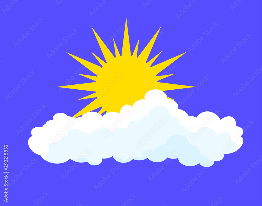 Flat sun and cloud Icon. Summer pictogram on blue background. Sunlight symbol. Vector illustration, EPS10 Flat sun and cloud Icon. Summer pictogram on blue background. Sunlight symbol. Vector illustration, EPS10
