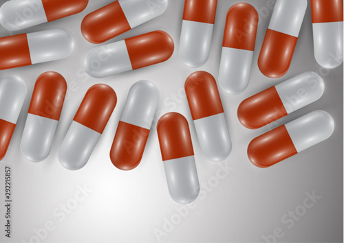 Background with bright pills, capsules. Vitamin pills for good health and antibiotics. Poster banner for website. Pharmacy, painkiller capsules and medications.
