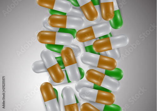 Background with bright pills, capsules. Vitamin pills for good health and antibiotics. Poster banner for website. Pharmacy, painkiller capsules and medications.