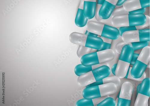 Background with bright pills, capsules. Vitamin pills for good health and antibiotics. Poster banner for website. Pharmacy, painkiller capsules and medications.