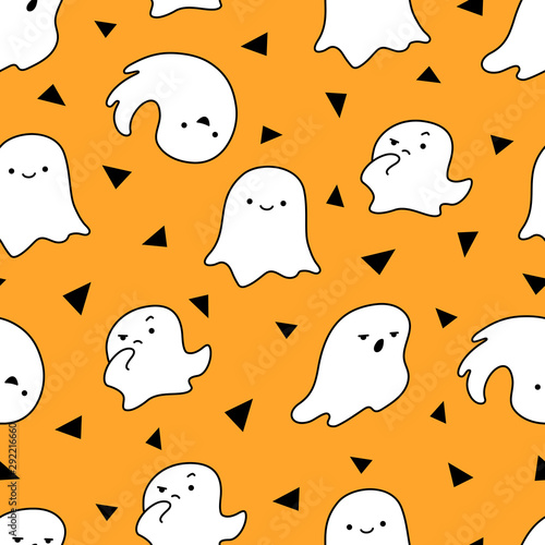 Funny simple seamless Halloween pattern with ghosts and orange background