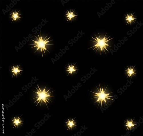 Bright glowing and shining star flares effect isolated on black background. Vector illustration