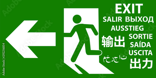 Emergency exit sign in popular world languages.