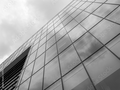 office building reflections on black and white