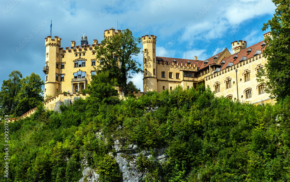 View of Hohenschwangau Castle, the boyhood of King Ludwig II of Bavaria, which is located  above the village of Hohenschwangau in Southern Bavaria, Germany