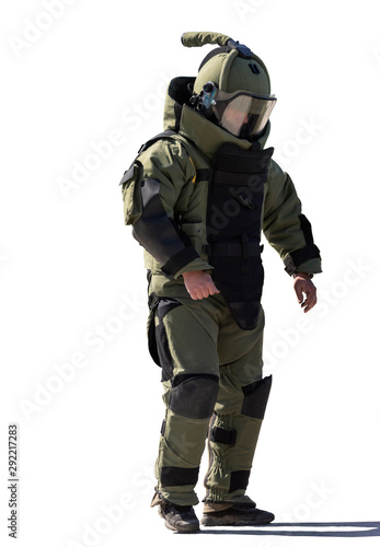 Bomb squad agent wearing a heavy blast suit. Isolated on white background.