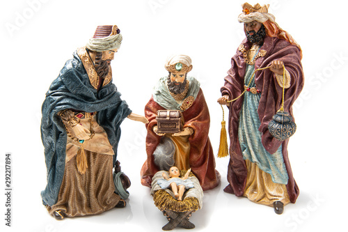 Three Wise Kings  and Baby Jesus Ceramic Figurines Fototapet