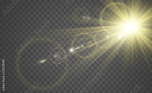 Special lens flash, light effect. The flash flashes rays and searchlight. illust.White glowing light. Beautiful star Light from the rays. The sun is backlit. Bright beautiful star. Sunlight. Glare.