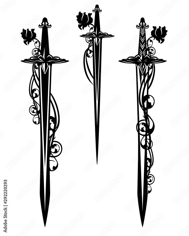 Fototapeta medieval battle sword and dagger blades entwined with rose flowers - black and w