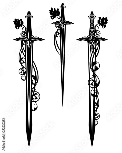 medieval battle sword and dagger blades entwined with rose flowers - black and white vector design set