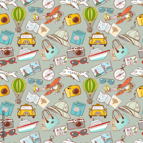 Seamless pattern with travel doodles. Can be used for wallpaper, pattern fills, textile, web page background, surface textures.