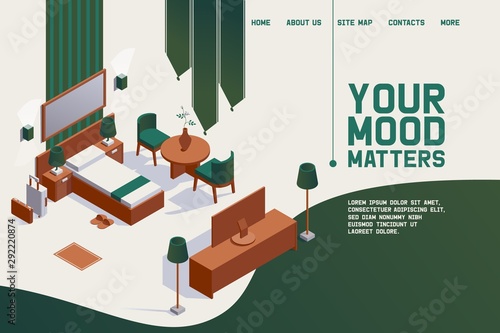 Vector concept hotel room interior scene drawn in isometric style with wooden brown furniture and green fabric, good for single person business trip. 3d stylish indoor with luggage and tv