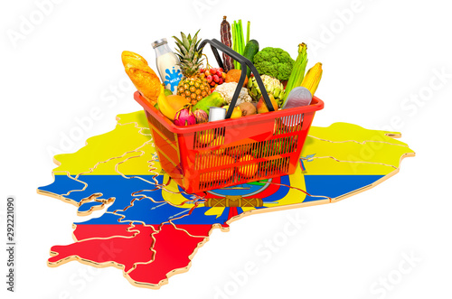 Market basket or purchasing power in Ecuador concept. Shopping basket with Ecuadorian map, 3D rendering
