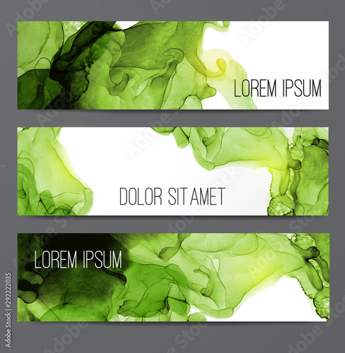 Three green banners with abstract alcohole ink painting on white background with place for your text.