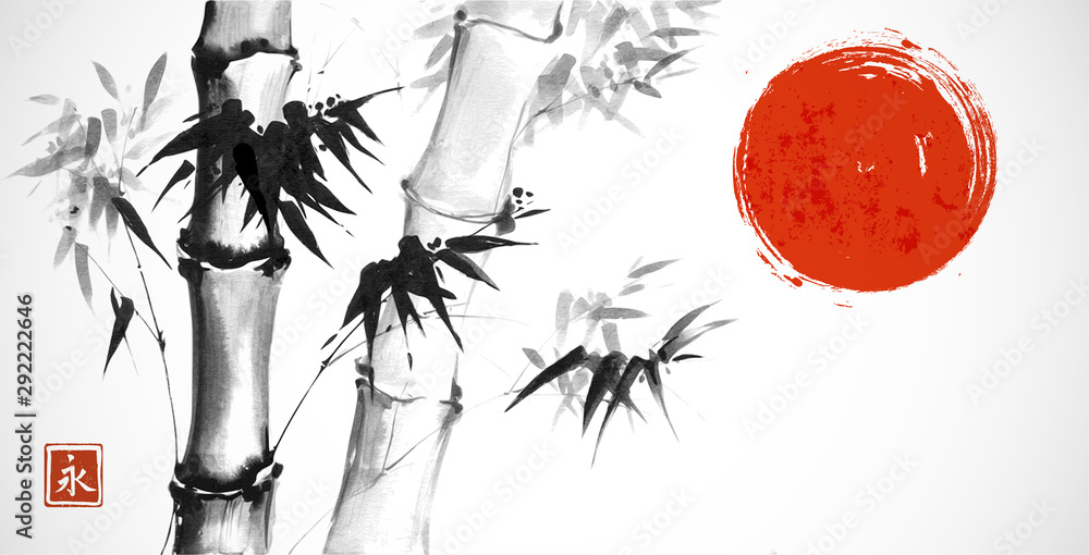 Fototapeta Bambusowe i czerwone słońce na białym tle. Tradycyjne japońskie malowanie tuszem sumi-e. Hieroglif- wieczność