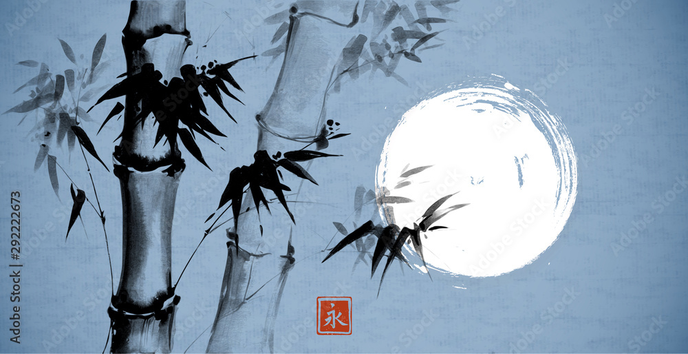 Fototapeta Bamboo and the moon on blue background. Traditional Japanese ink wash painting sumi-e. Hieroglyph- eternity