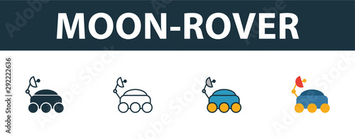 Moon-Rover icon set. Four simple symbols in diferent styles from space icons collection. Creative moon-rover icons filled, outline, colored and flat symbols